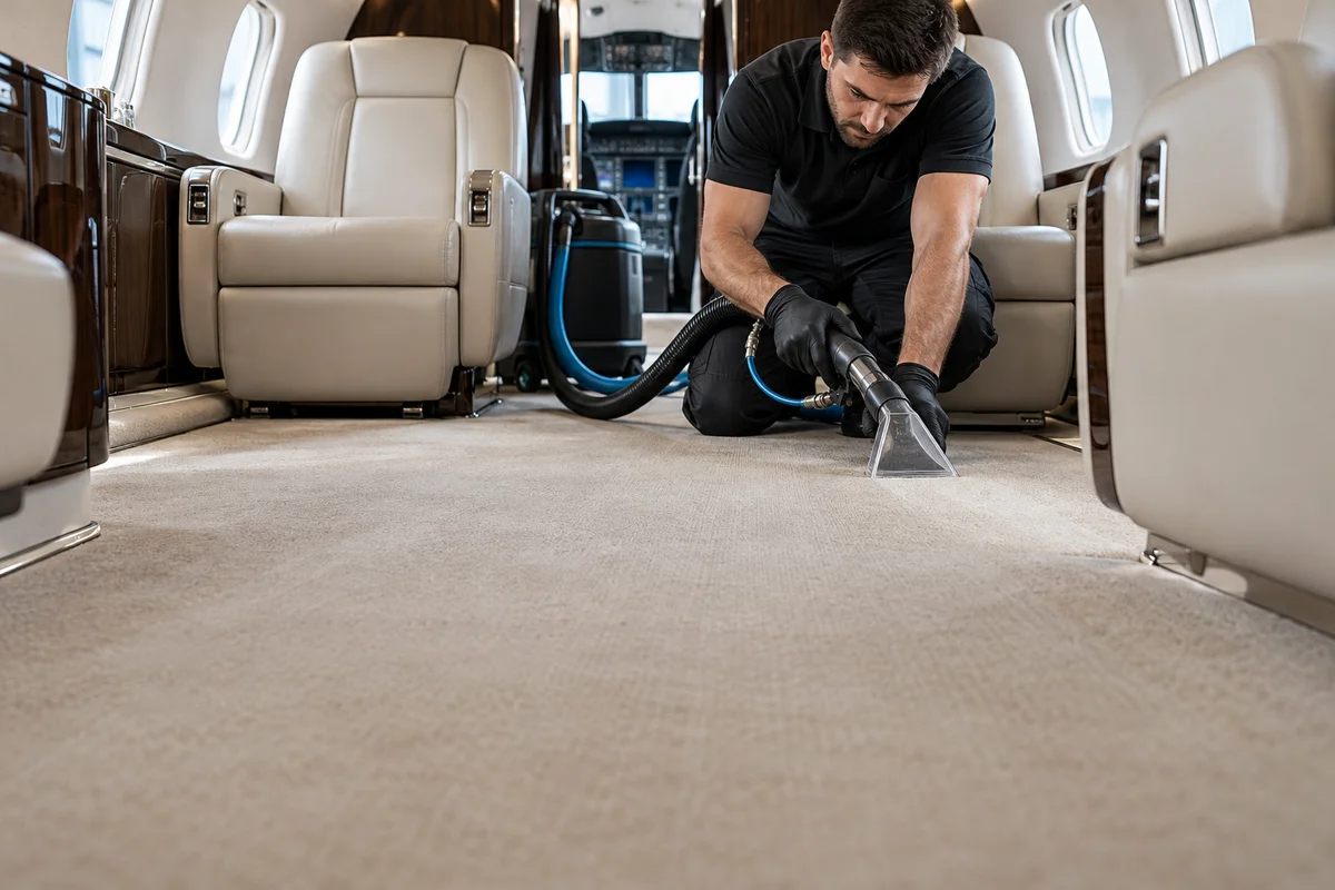 Aircraft carpet care for Chicago inquiries: extraction cleaning along a beige cabin aisle (illustration)