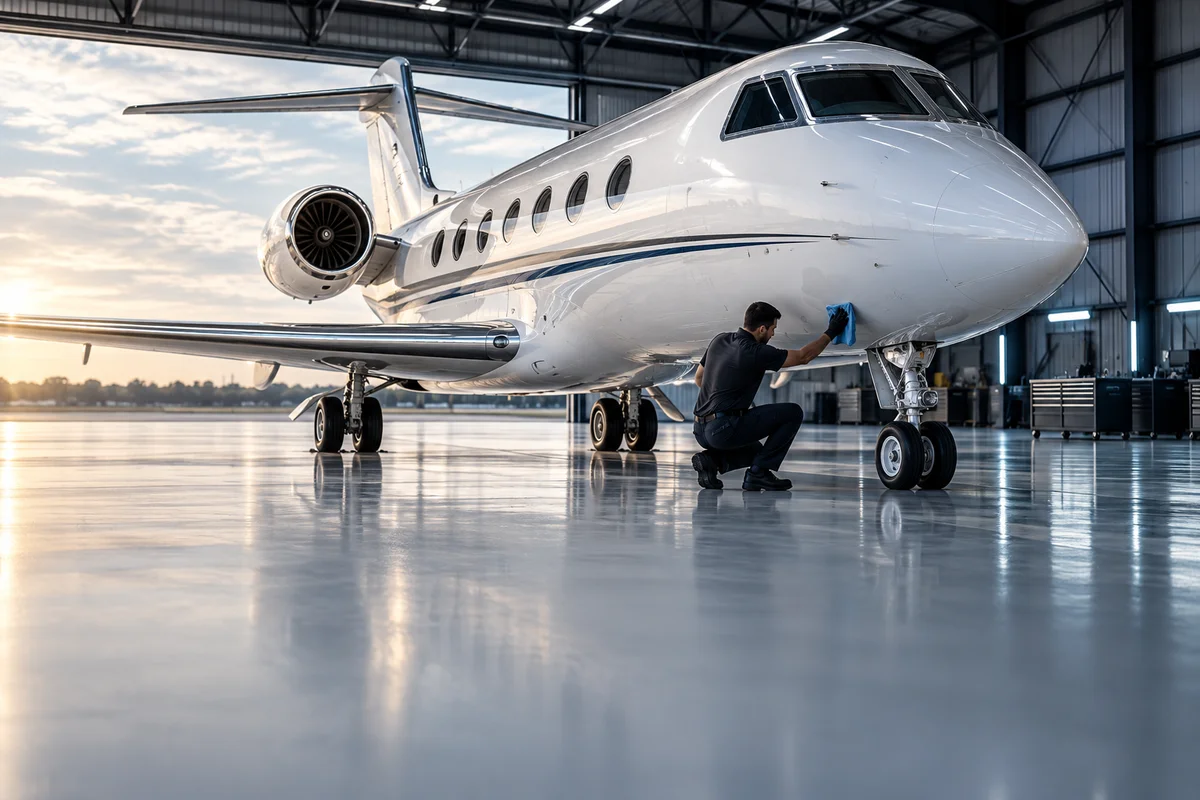 Aircraft exterior cleaning scope for Chicago: microfiber wiping of a private jet fuselage (illustration)