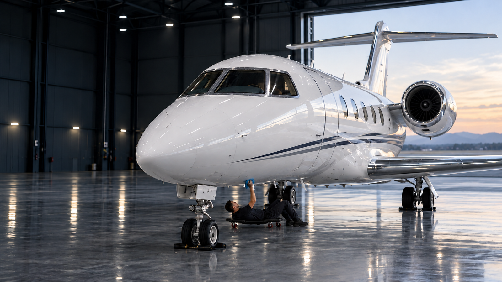 Private jet underside detailing with a worker on a creeper in a hangar — VentureWash aircraft care illustration