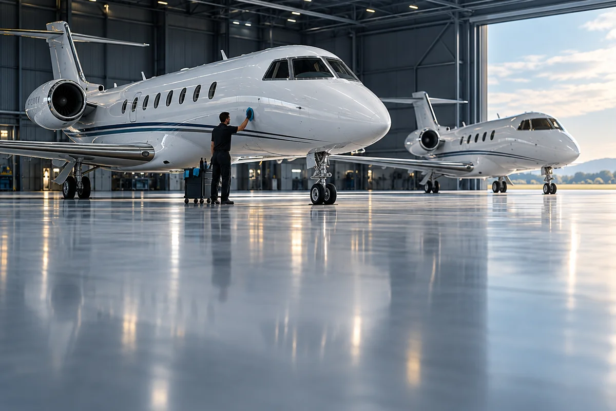 Private jet fleet detailing inquiries in Northwest Indiana: two jets and a worker in a hangar (illustration)