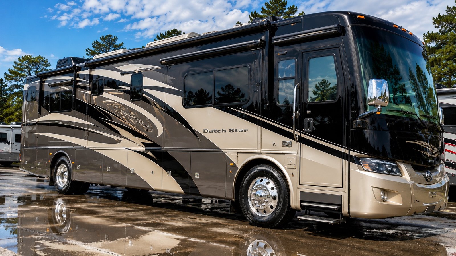 The same Dutch Star motorhome after a full VentureWash detail — deep mirror gloss