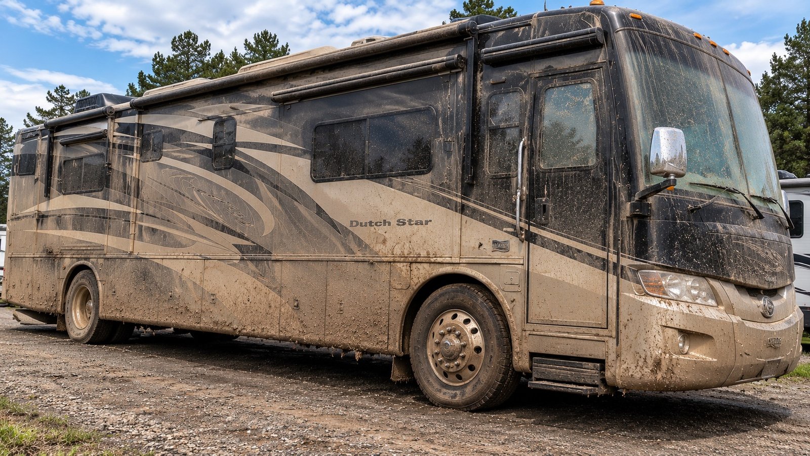 The same Dutch Star motorhome before detailing — caked in mud and road film