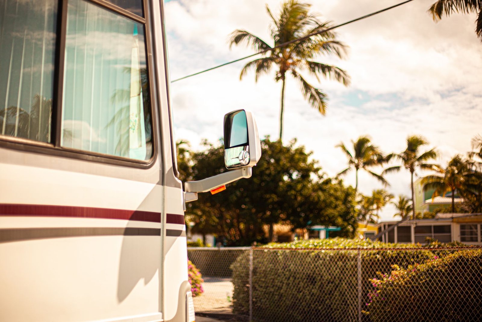 Motorhome parked on site, washed and gleaming in golden-hour light